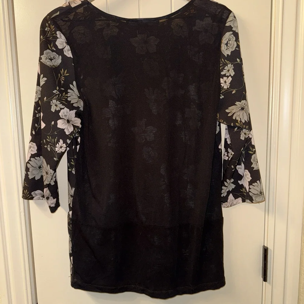 French Connection Mixed Media Floral Top Size L Crew Neck 3/4 Sleeve Lyocell - Picture 8 of 8